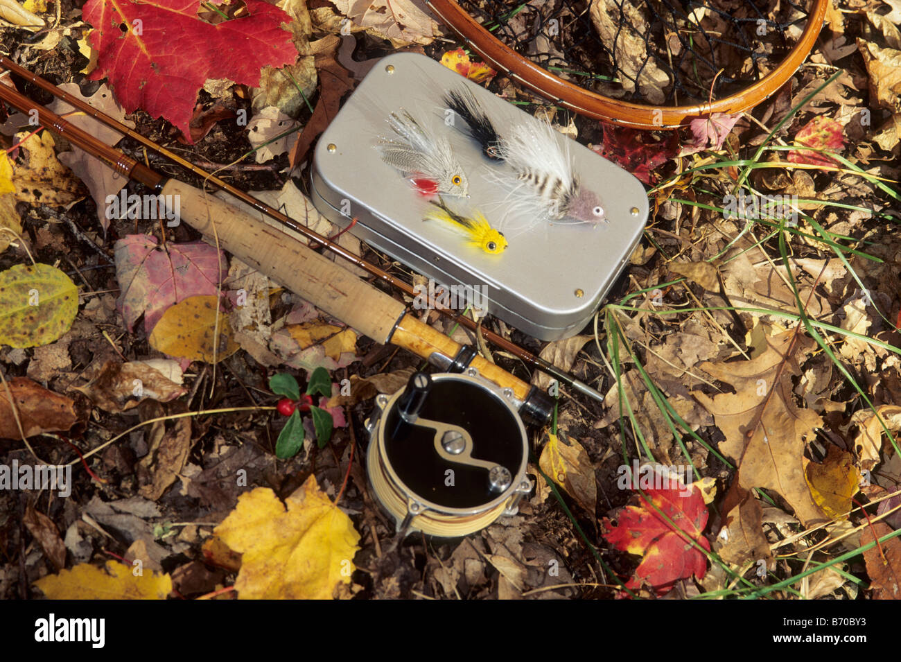 A close up of fly fishing tackle in Pennslyvania. Stock Photo