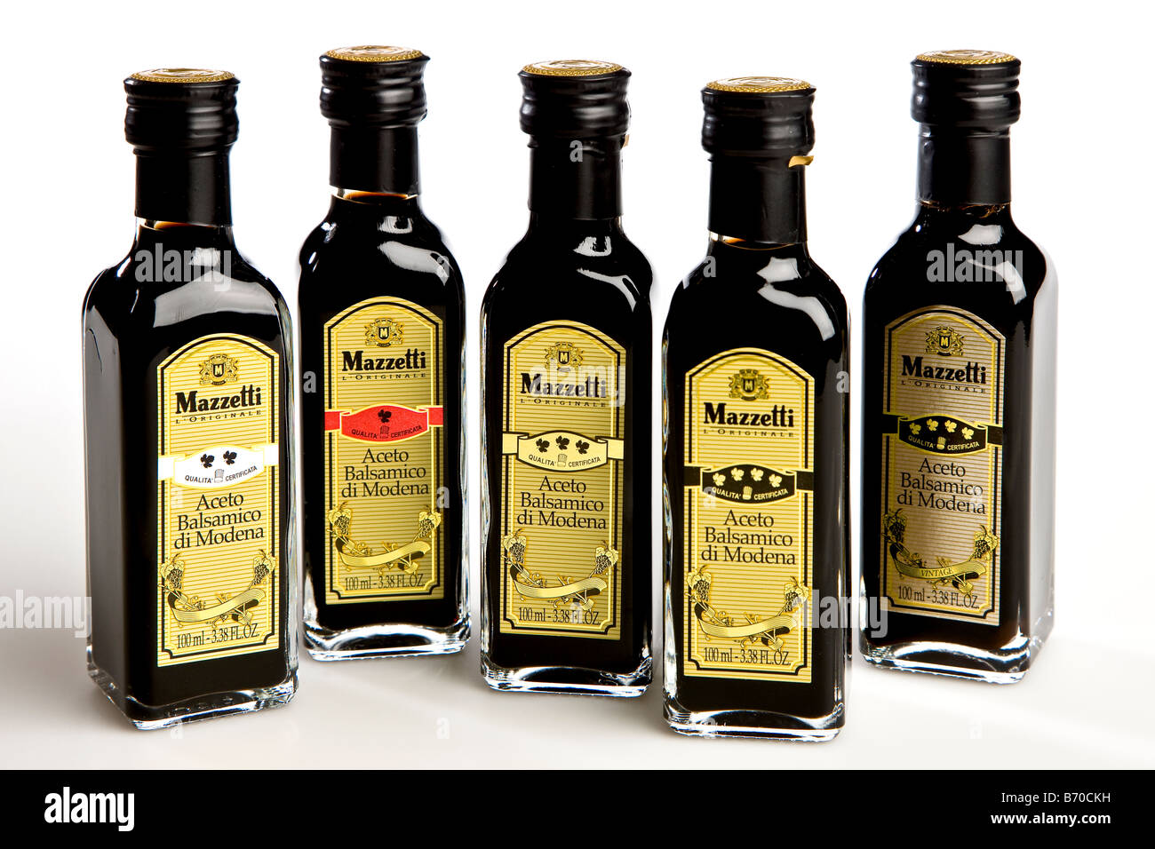 Five bottles of balsamic vinegar Stock Photo
