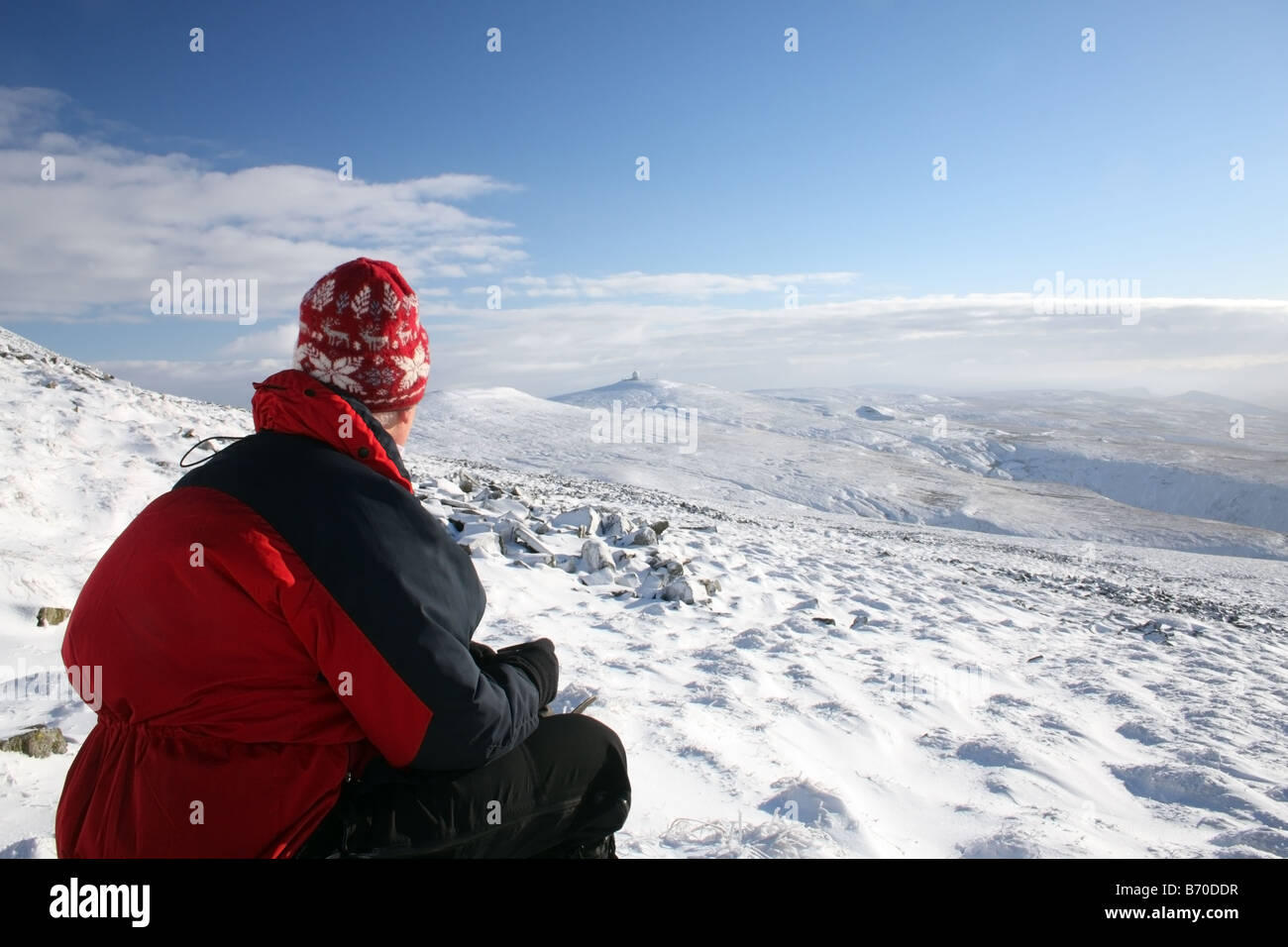 Hill Walker and the View Towards Great Dun Fell From the Slopes of Cross Fell Pennines Northern
