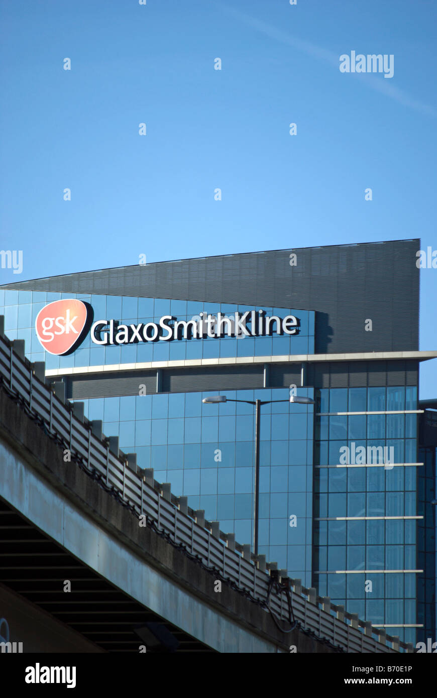 world headquarters of gsk, glaxo smith kline, above the M4 motorway on the great west road, brentford, west london, england Stock Photo