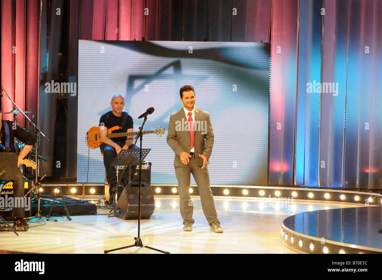 Israeli comedian Miki Geva during the recording of the Israeli TV show Laughing at work broadcasted by Reshet TV April 24 2008 Stock Photo