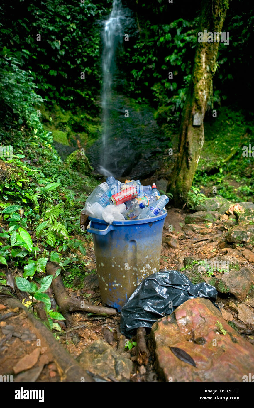 Suriname, Brownsweg, Brownsberg National Park. Rubbish bin at Leo falls. Stock Photo