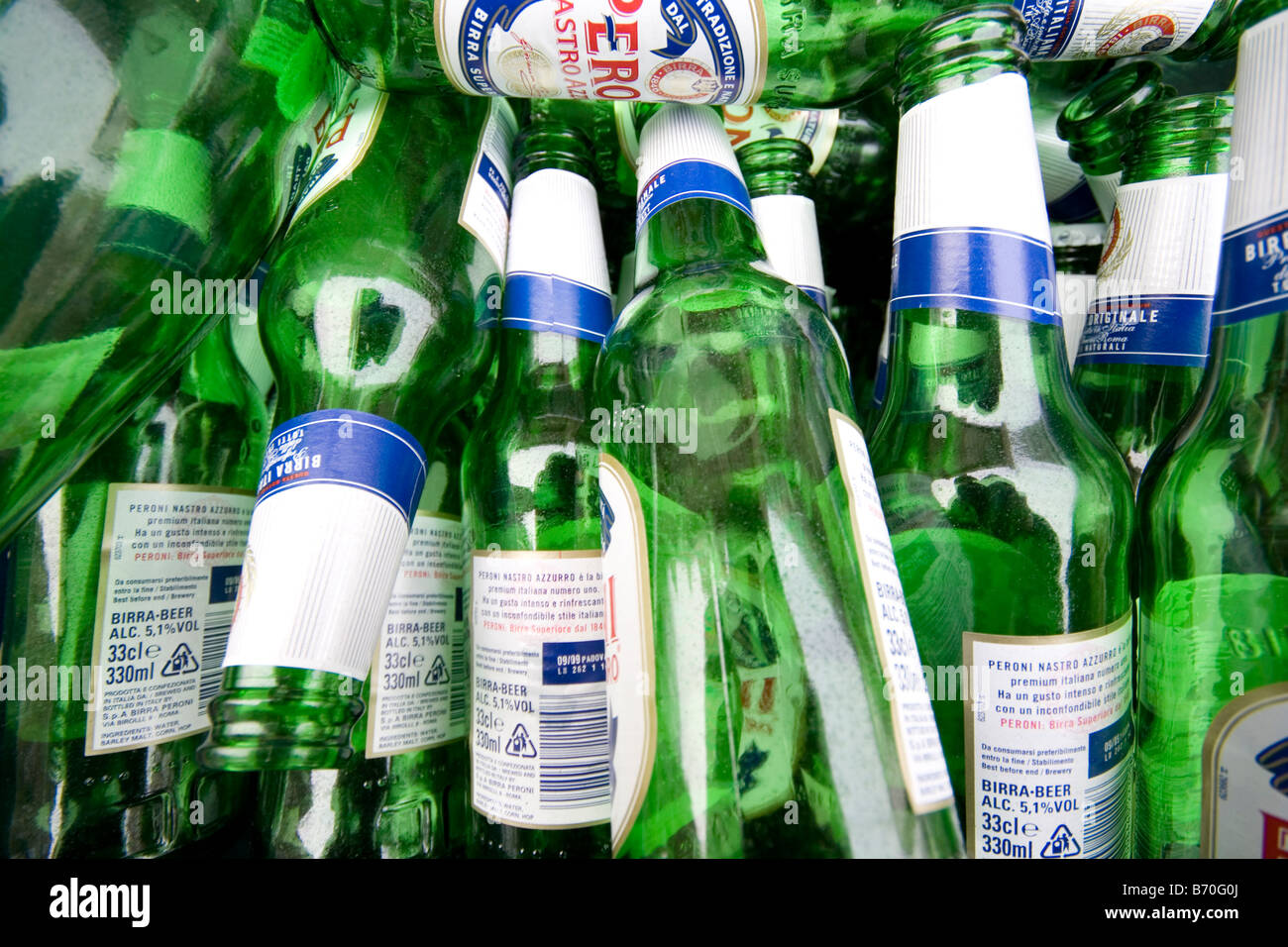 Empty green beer bottles in a recycling bin. Stock Photo