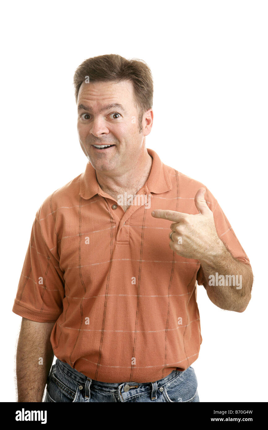 Average forty year old guy pointing to himself with a questioning look