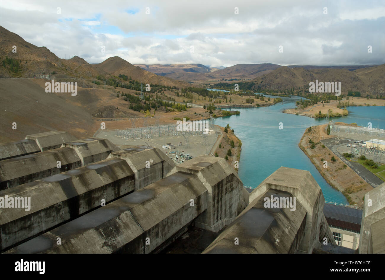 View from the top of Benmore Dam and Power Station in Waitaki Valley ...