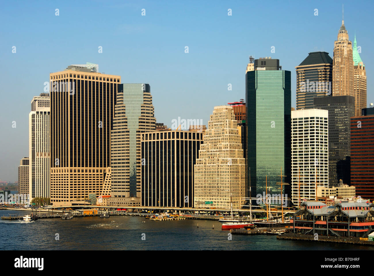 View across the East River at skyscrapers at the FDR Drive, Financial District, Manhattan, New York, USA Stock Photo