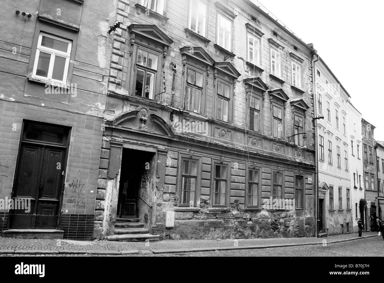 Row of old buildings in black and white, Prague, Czech Republic. Stock Photo
