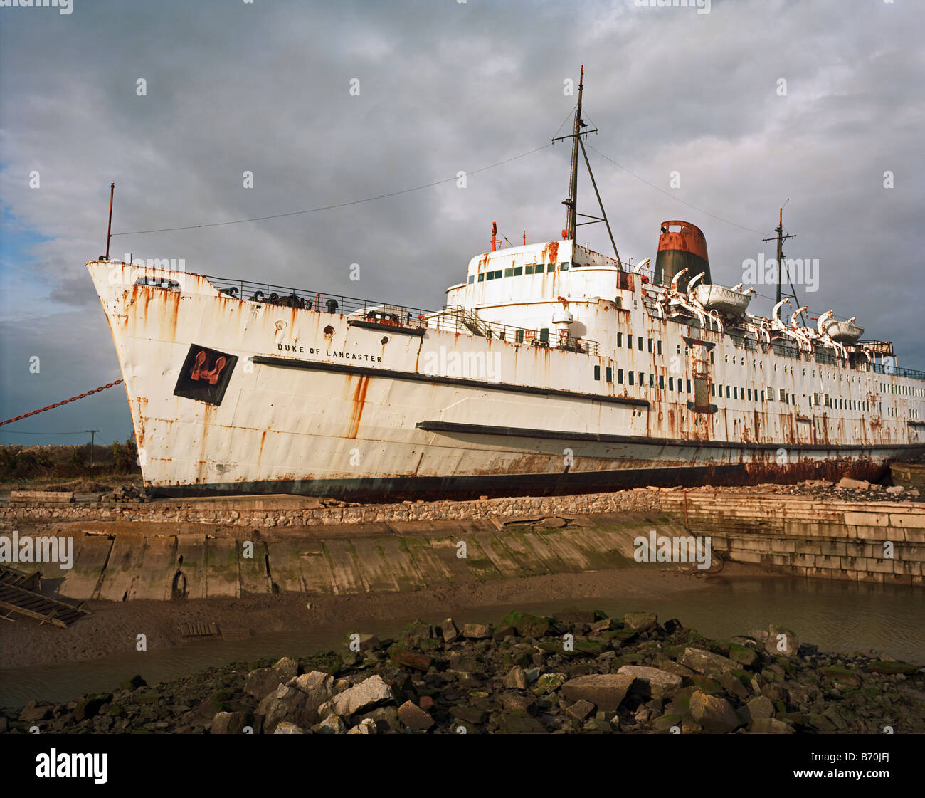 Ship Duke of Lancaster embedded in concrete 1979 Mostyn Flintshire North Wales Stock Photo
