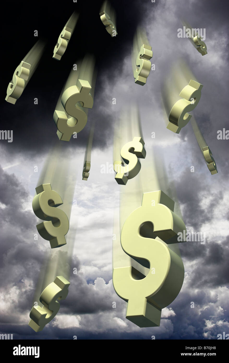 Falling US Dollar symbols against a stormy sky - digital composite Stock Photo
