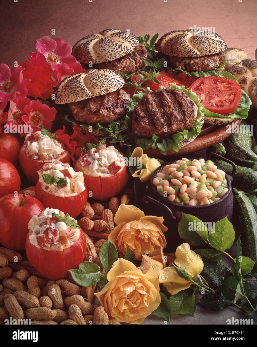 Recipes, zucchini meat loaf, taffy apple salad, bavarian bean salad  vegetable meat fruit Stock Photo