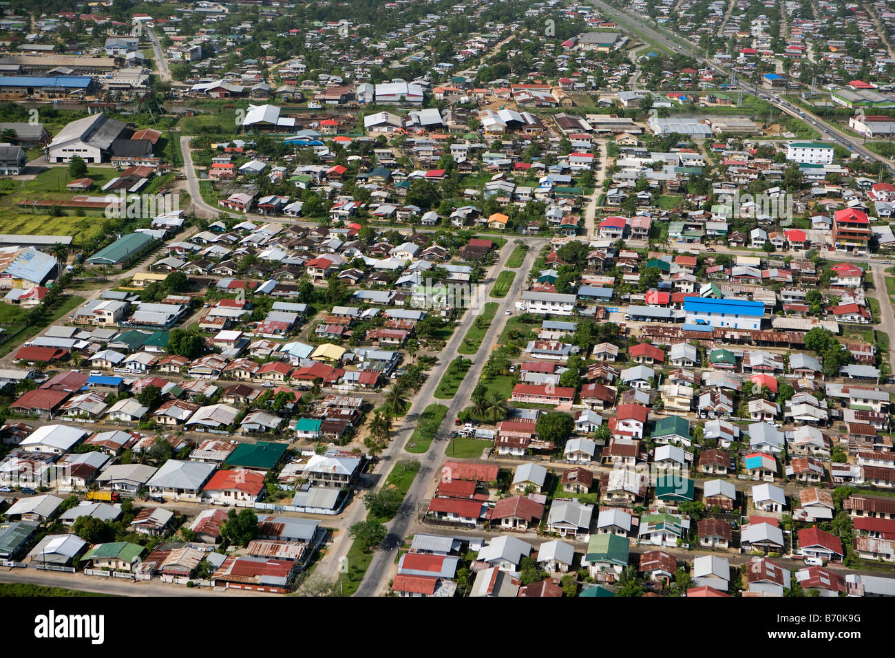 Suriname, Paramaribo, Aerial of residential areas. Stock Photo