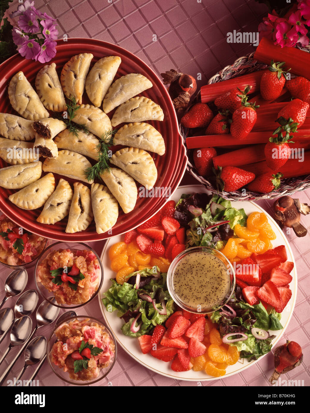 Recipes, musroom perogies, sour cream rhubarb , poppy seed mandarian orange salad. fruit Stock Photo