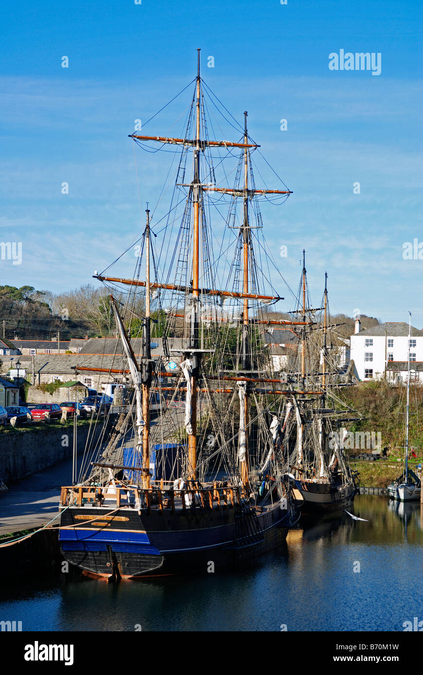 a tall ship berthed in the harbour at charlestown,cornwall,uk Stock Photo