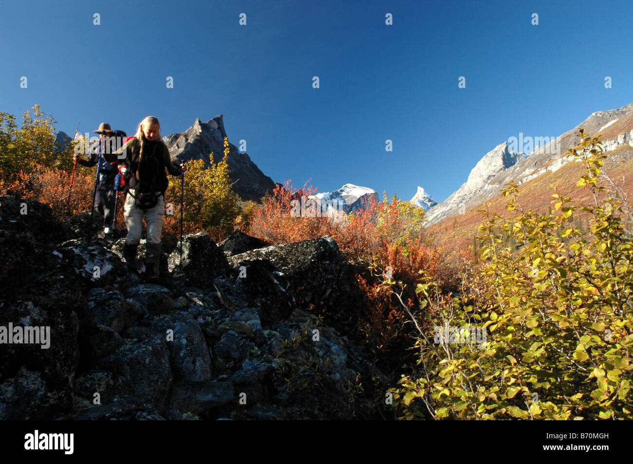 Backpacking into Arrigetch Peaks Broosk Range Alaska Stock Photo