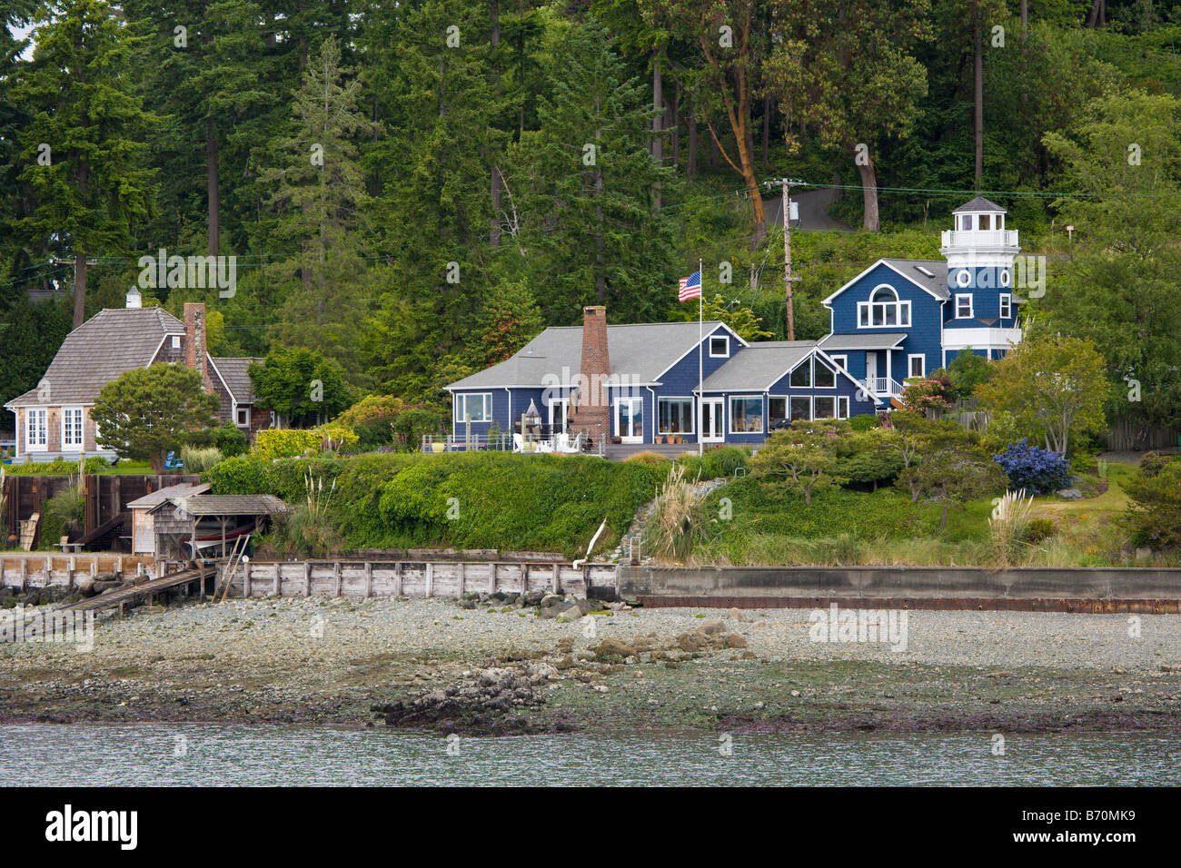 Residential homes along coastline of island in Puget Sound near Seattle