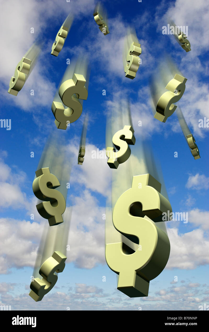 Falling US Dollar symbols against a blue sky - digital composite Stock Photo