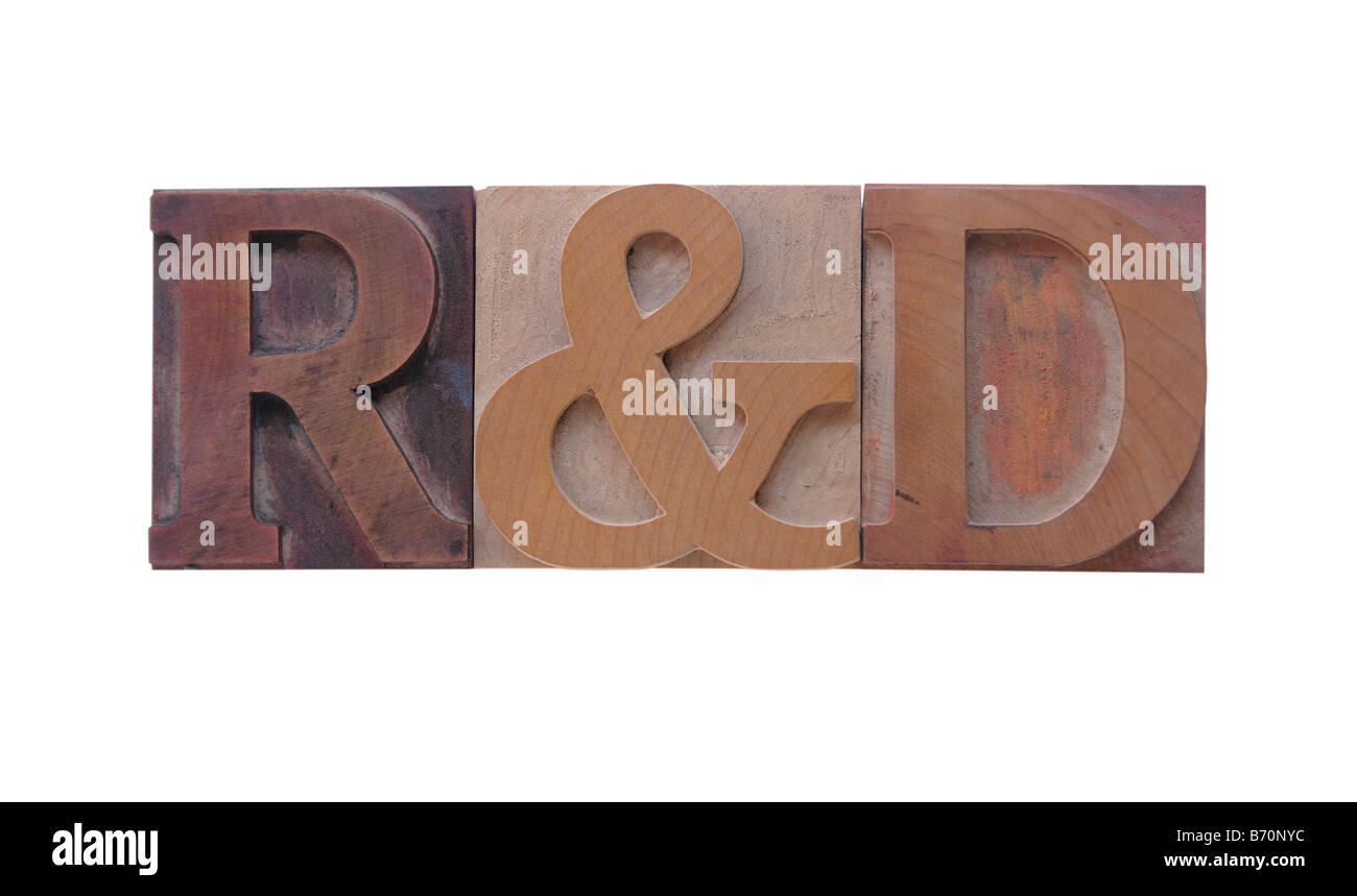 the term 'R&D' in old ink-stained wood type Stock Photo