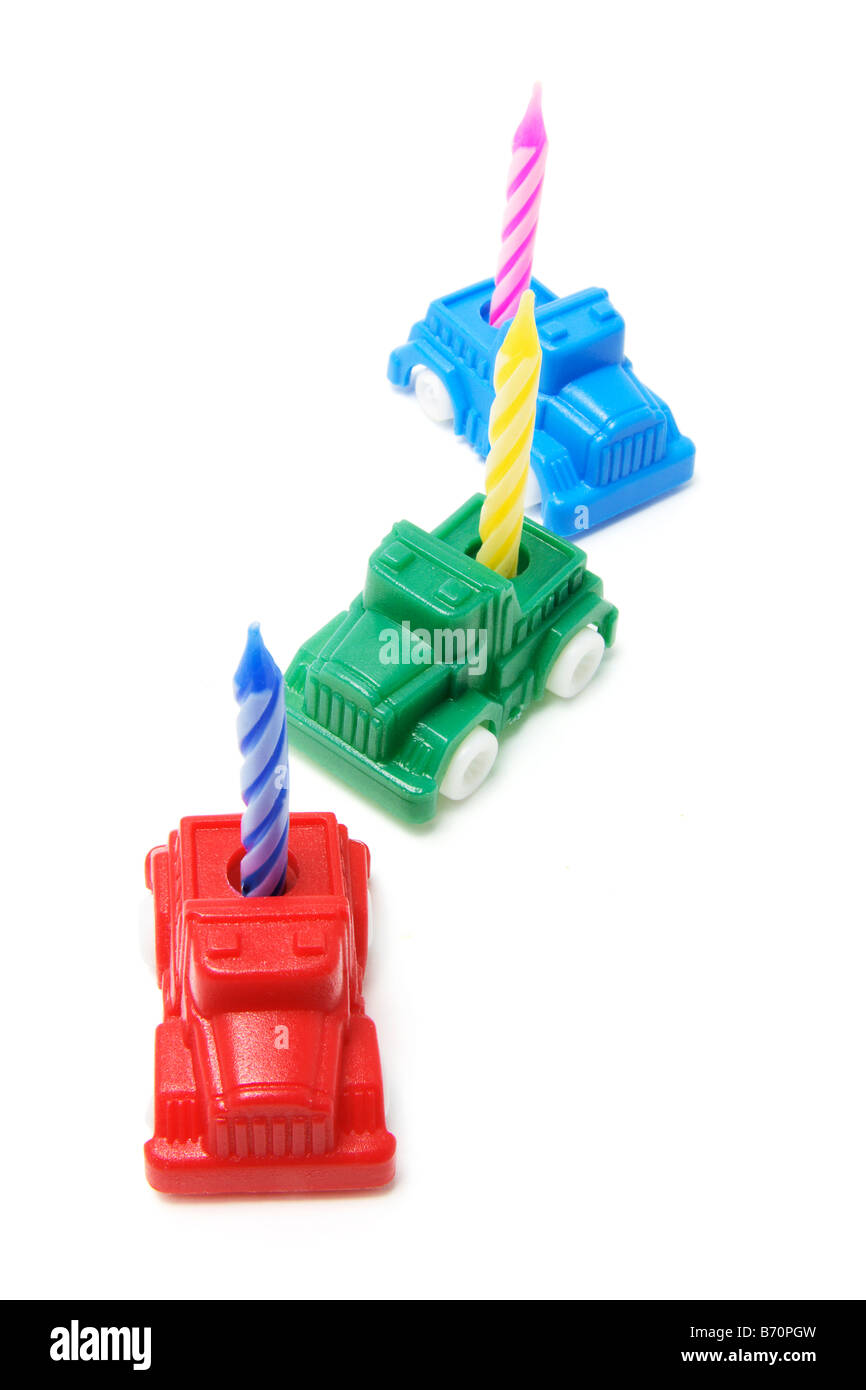 Toy Cars with Birthday Candles Stock Photo