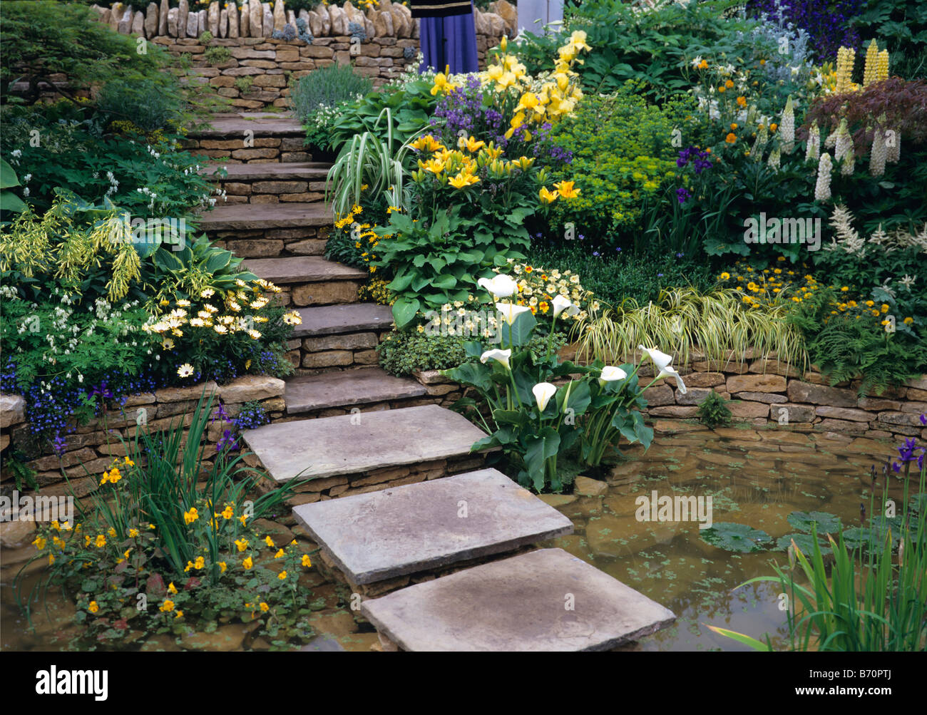 Flagstone steps over pool with raised mixed herbaceous border Stock Photo