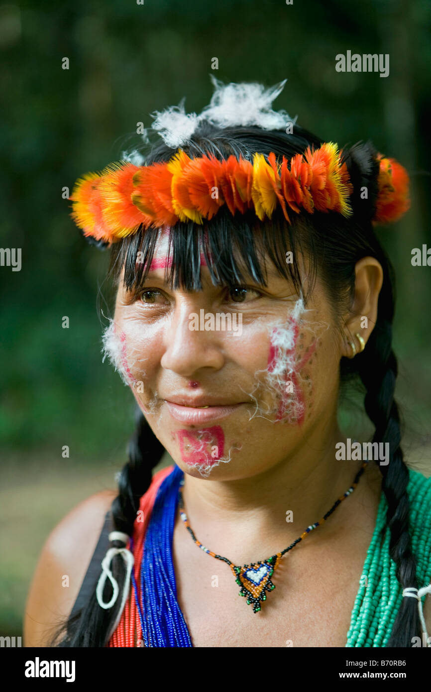 Suriname, Kwamalasamutu, Trio Indian woman in ceremonial dress. Portrait. Stock Photo