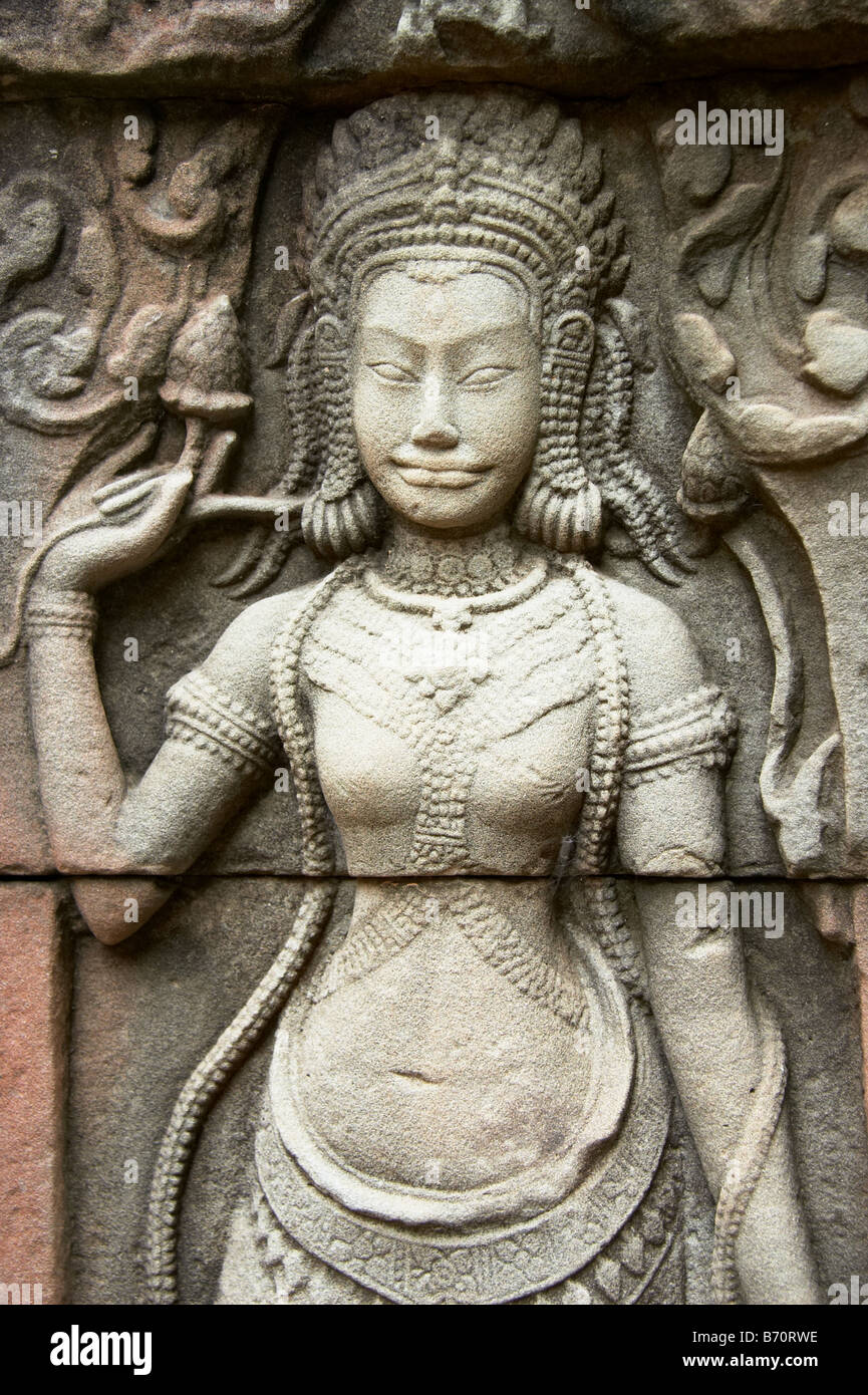 Female Devata Wall Carving, Banteay Kdei Temple, Angkor, Cambodia Stock Photo