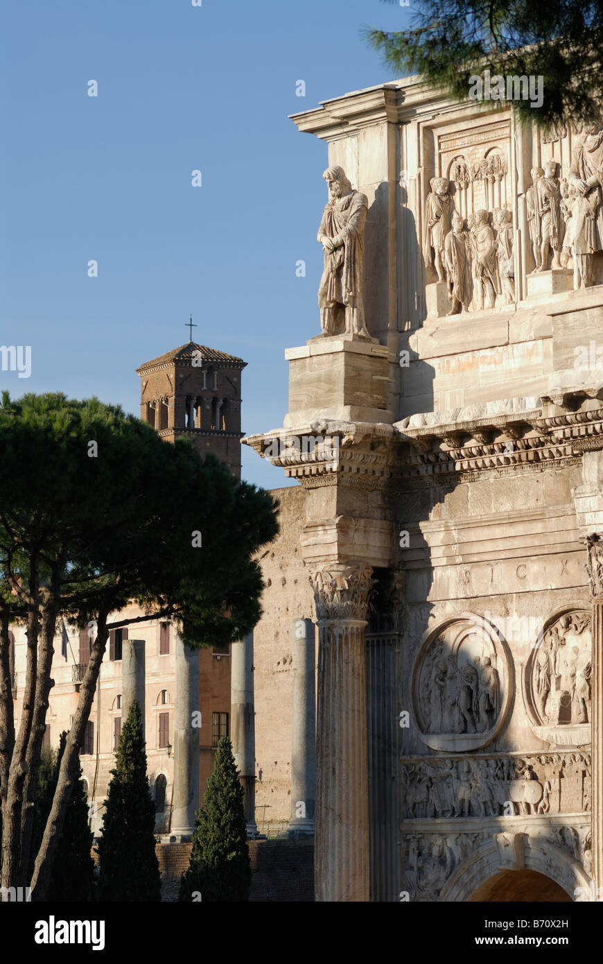 Rome Italy Detail of Arch of Constantine the Campanile of Santa Francesca Romana Stock Photo