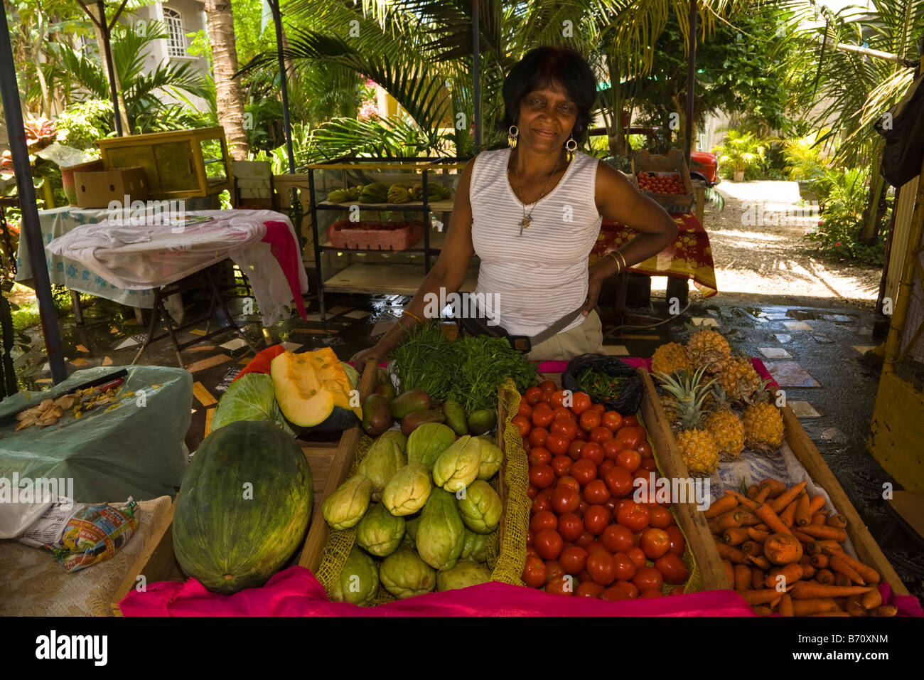 Woman in Mauritius selling fresh fruit and vegetables in the street
