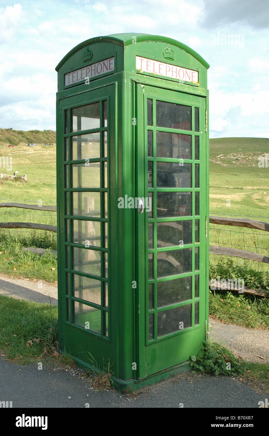 green telephone box, Seven Sisters Country Park, East Sussex, England, UK Stock Photo