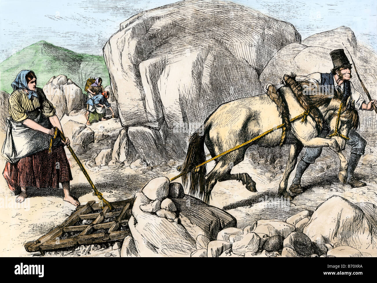 Irish family harrowing rocky soil on a mountain farm in County Mayo 1800s. Hand-colored woodcut Stock Photo