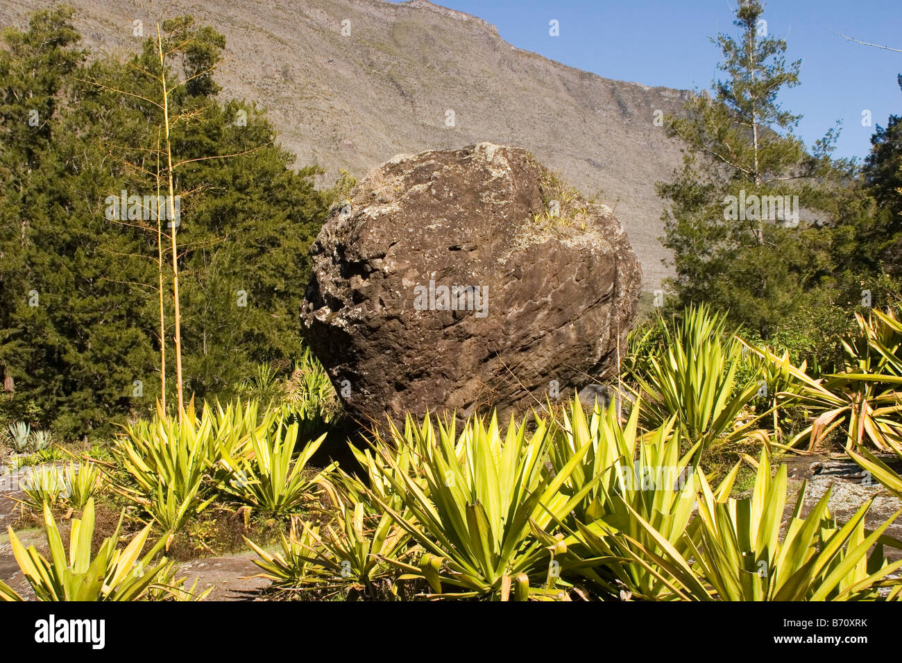 A sphere-shaped volcanic boulder at the base of la Cirque de Mafate on the Island of Reunion in the Indian Ocean. Stock Photo