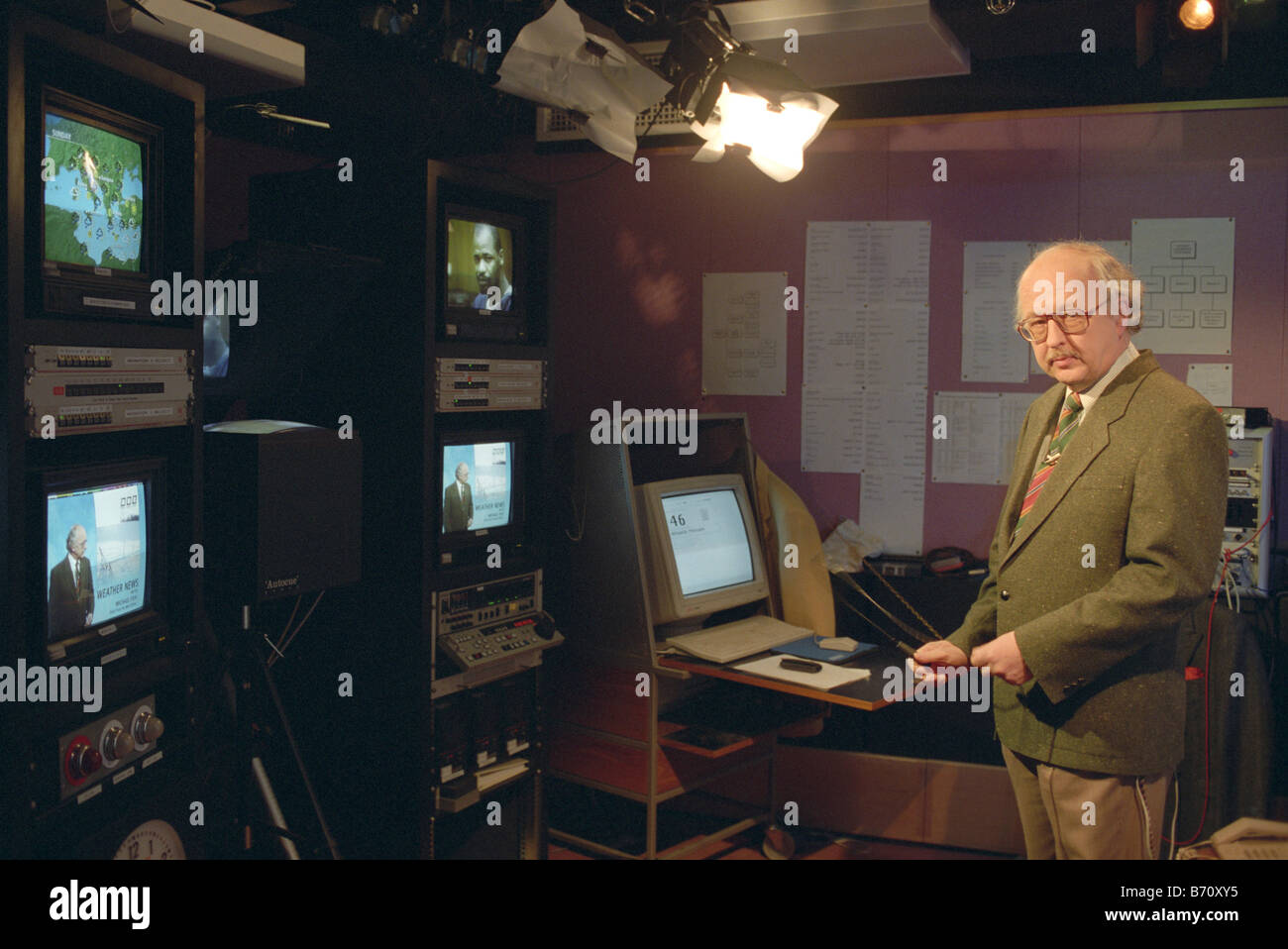 Weather Forecaster Michael Fish at The TV Weather Studio in BBC Television centre in Shepherds Bush before presenting a forecast Stock Photo