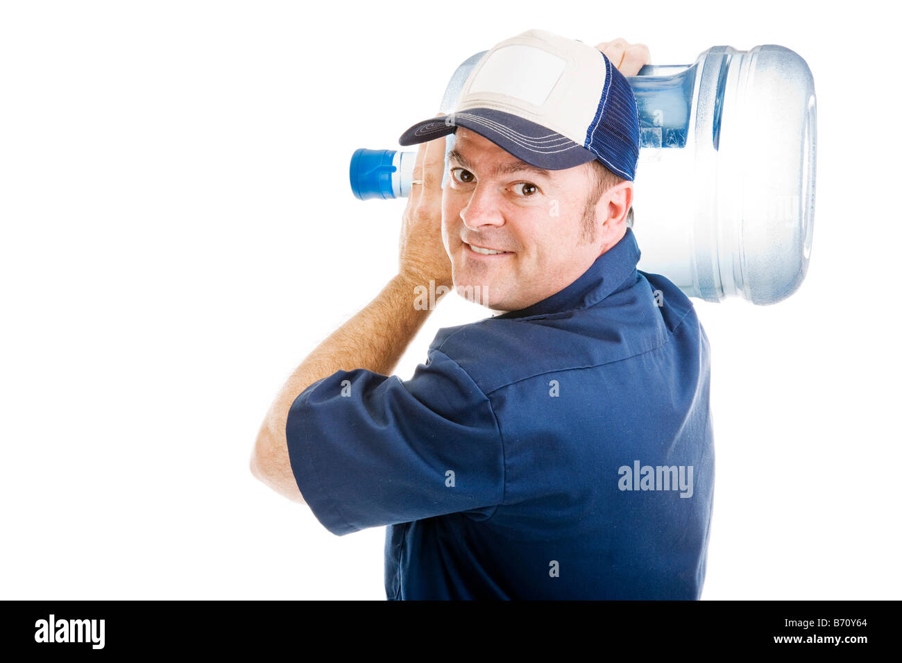 Friendly delivery man carrying a five gallon jug of drinking water over