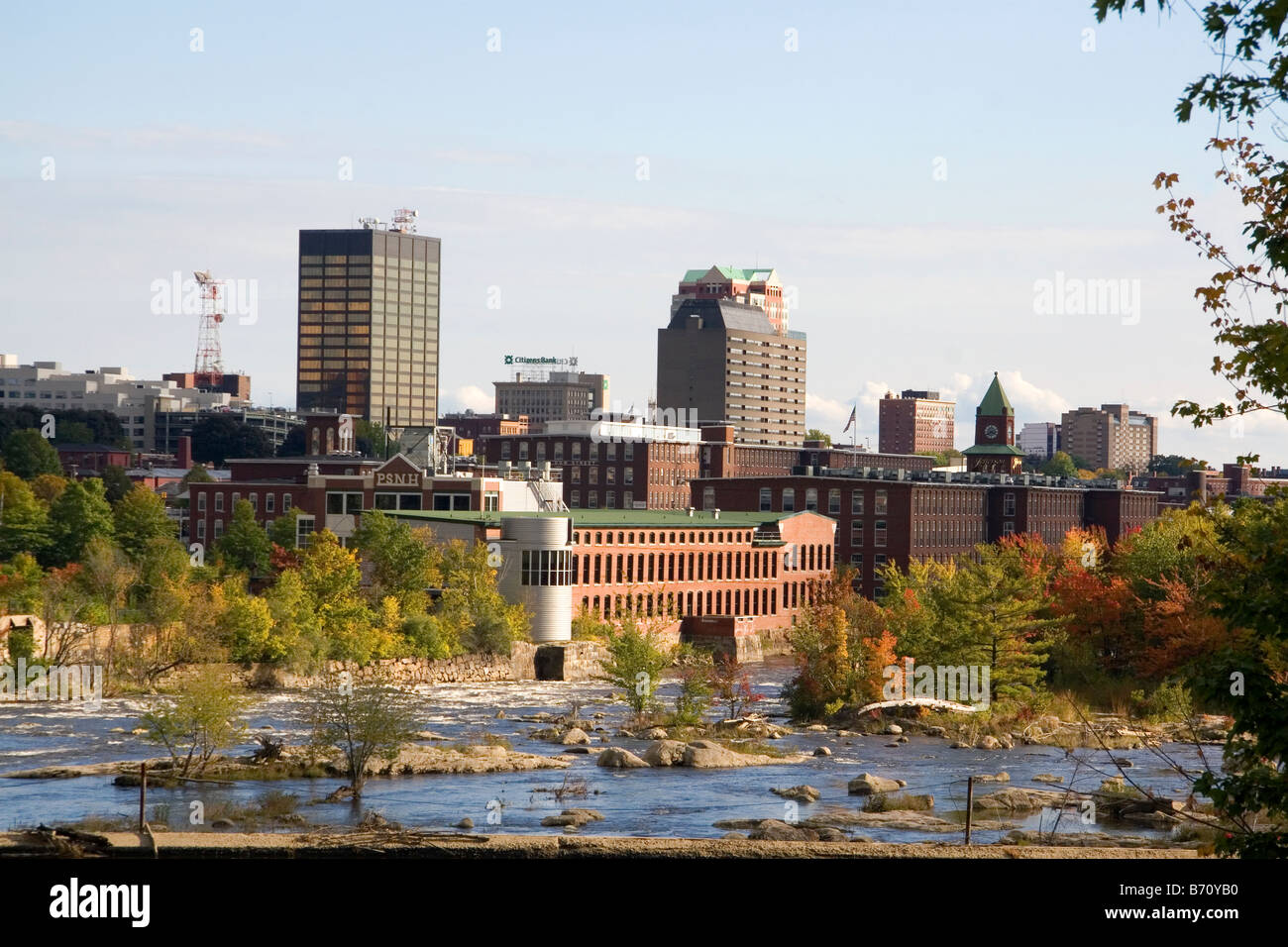 The Merrimack River and mill district at Manchester New Hampshire USA Stock Photo