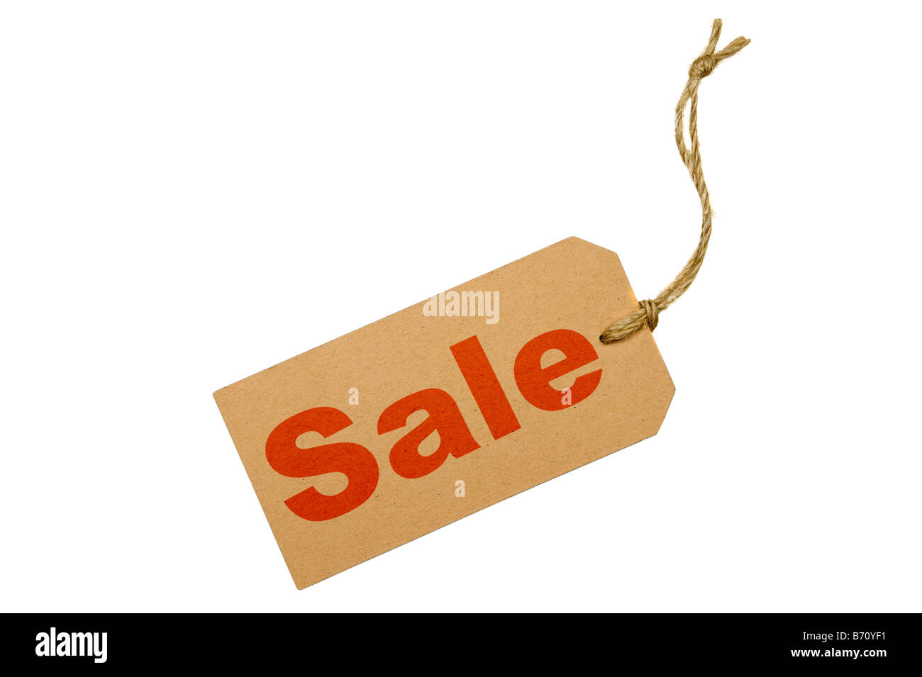 Brown luggage tag with the word SALE isolated on a white background Stock Photo