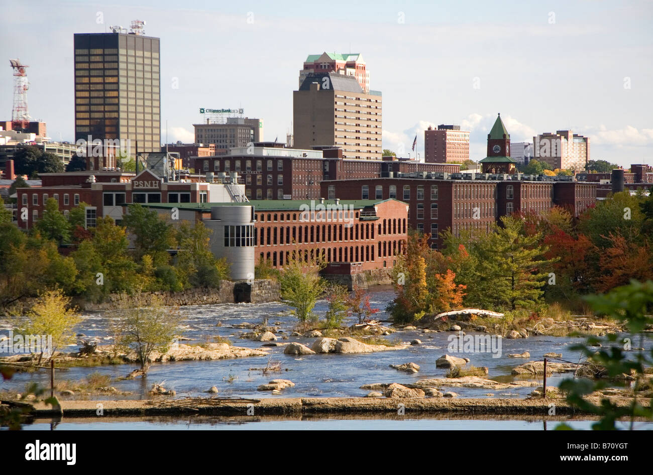 Merrimack River and mill district at Manchester New Hampshire USA Stock Photo