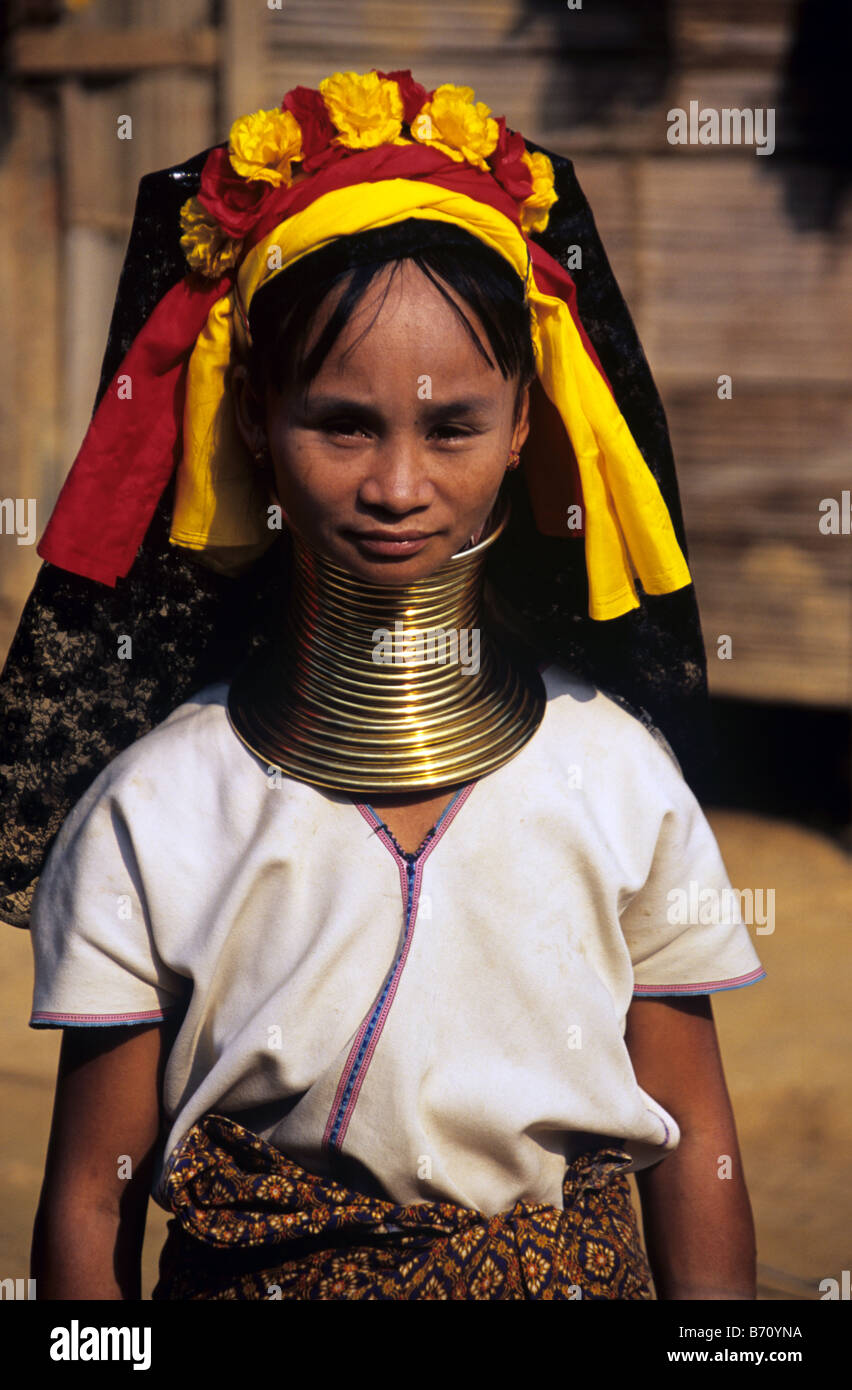 Longneck, Long Neck or Giraffe Neck Burmese Padaung or Karen Woman, living in refugee camp, Mae Hong Son, Thailand Stock Photo