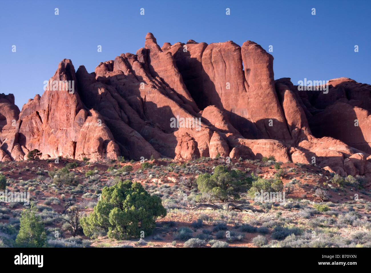 Evening light on Fiery Furnace in Arches National Park Utah Stock Photo