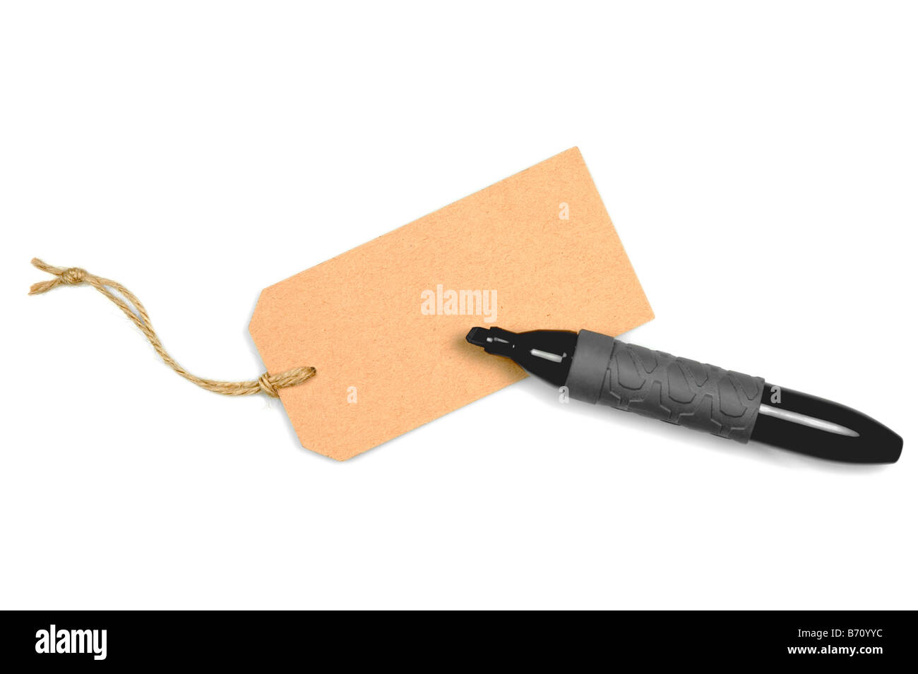 Blank luggage tag and marker pen isolated on a white background Stock Photo