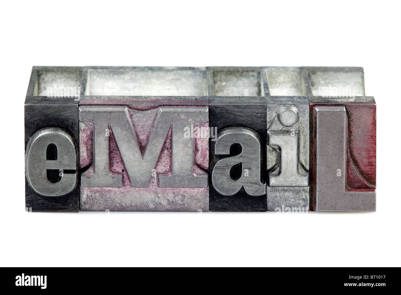 The word eMail in old letterpress printing blocks isolated on a white background Stock Photo