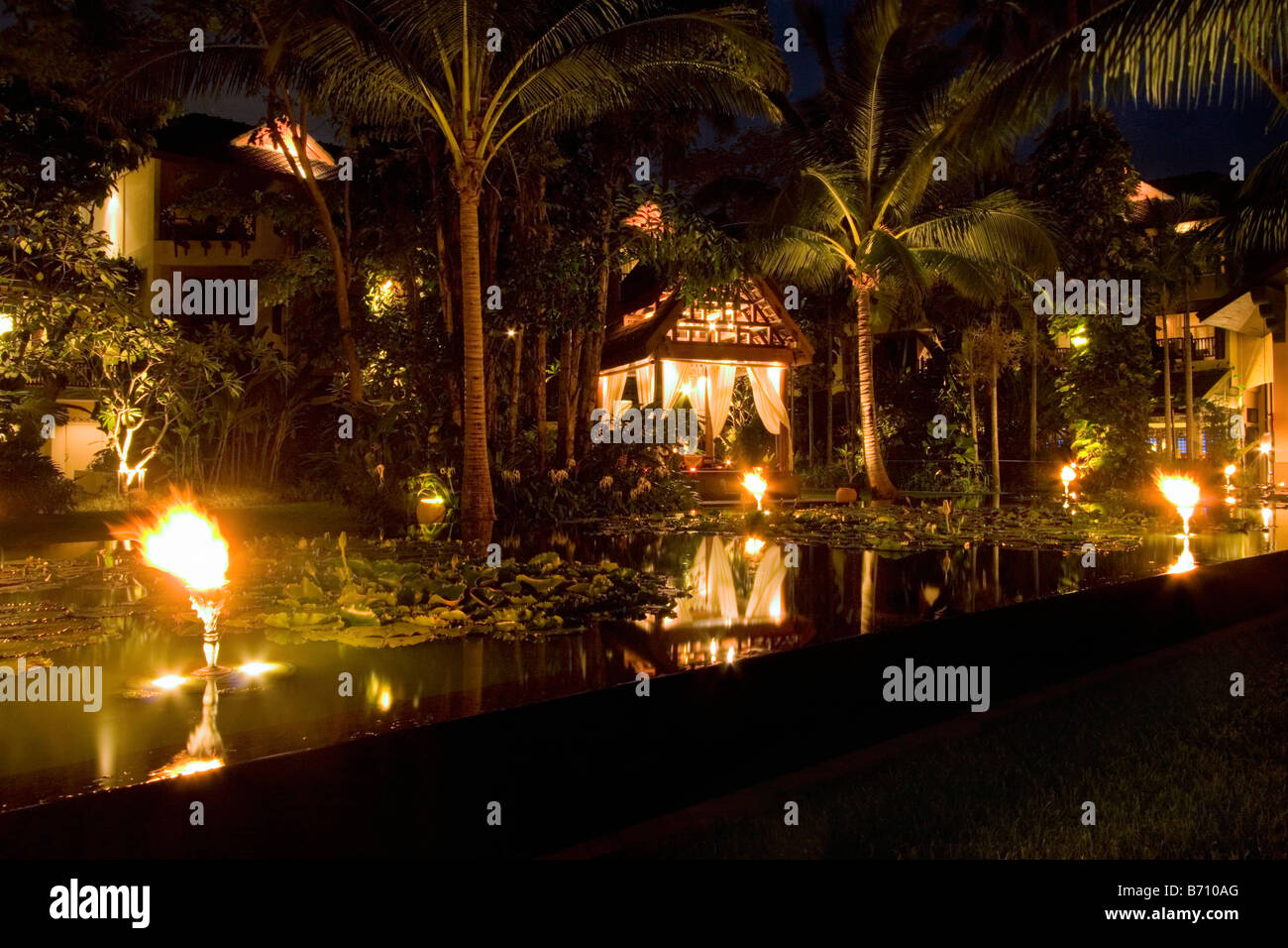 Grounds of resort hotel Koh Samui Thailand Night time Stock Photo