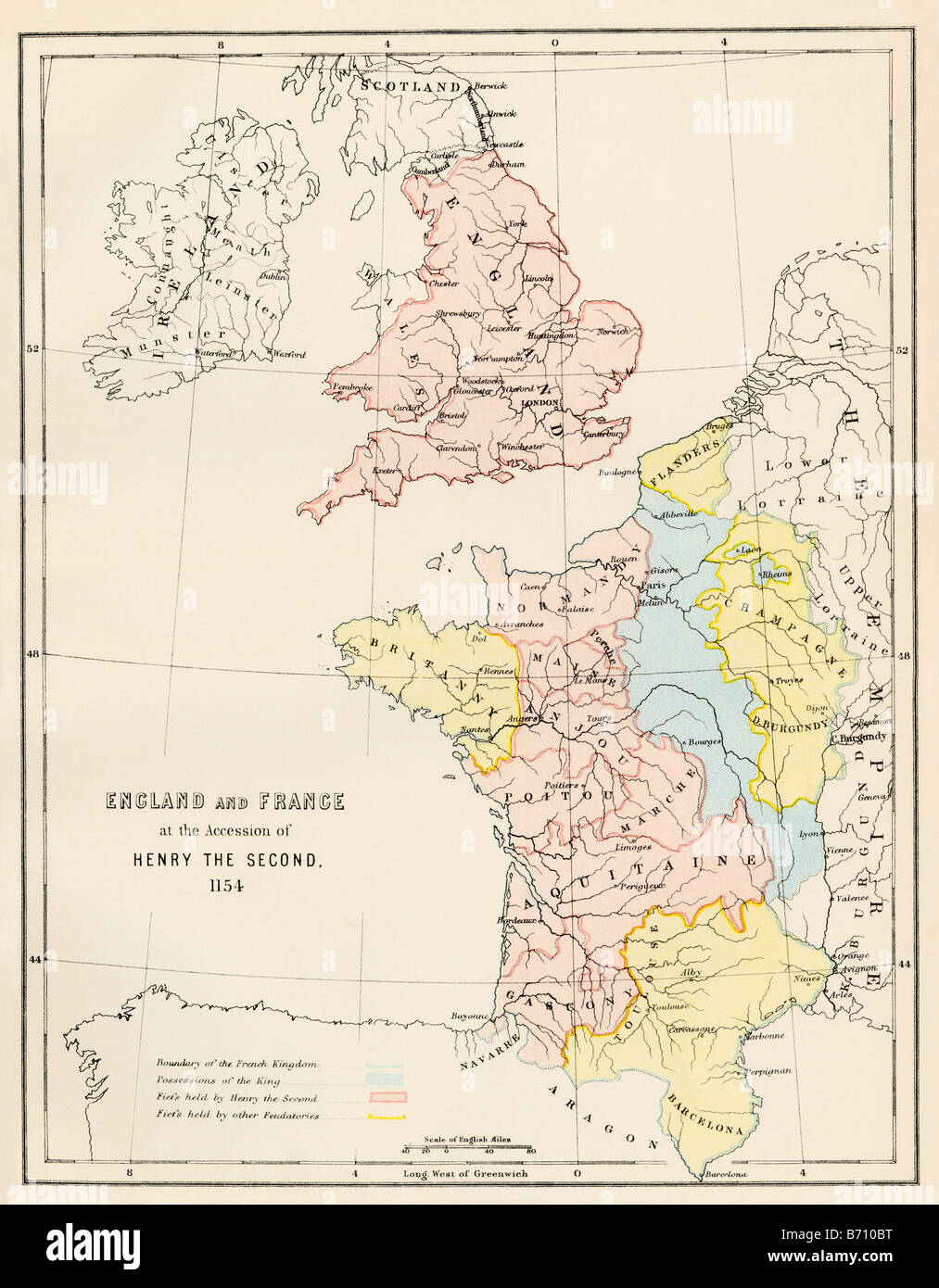 England and France at the accession of Henry II 1154. Color lithograph Stock Photo