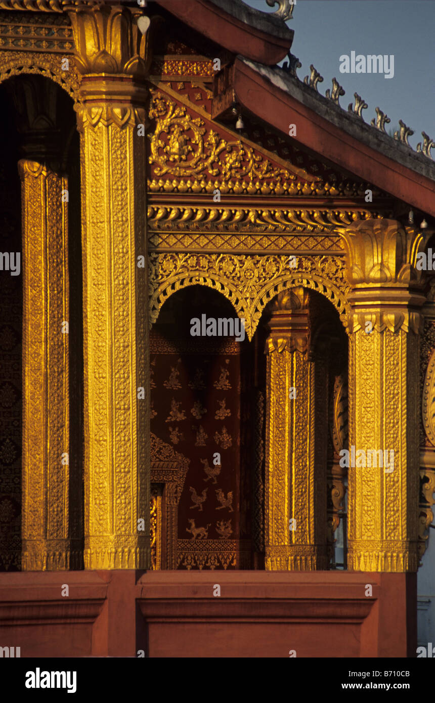 Painted Golden Columns & Facade of Wat Saen Temple (1718), Luang Prabang, Laos Stock Photo