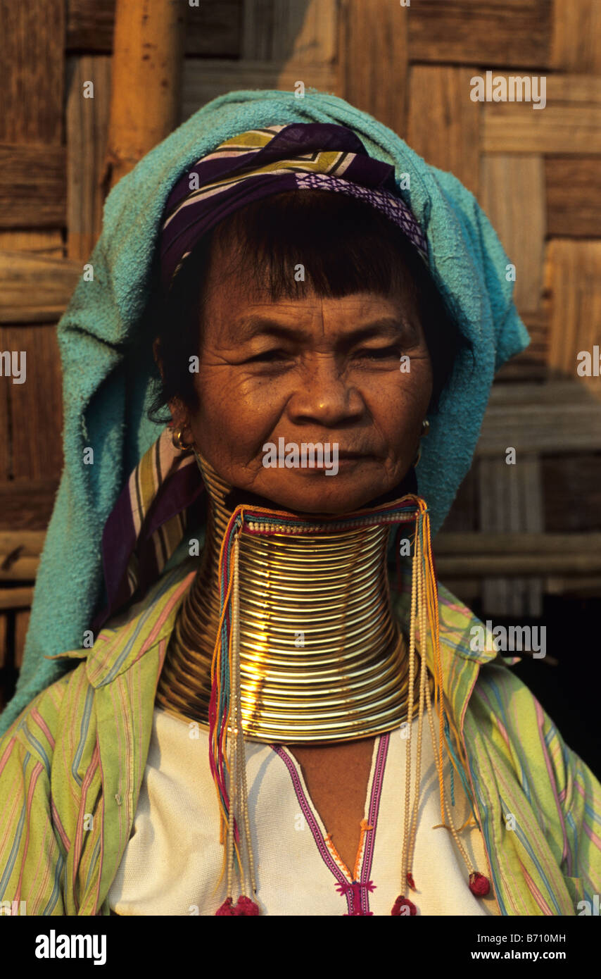 Portrait of a Long-Neck, Long Neck or Giraffe Neck Paduang or Karen Burmese Woman, in Refugee Camp, Mae Hong Son, Thailand Stock Photo