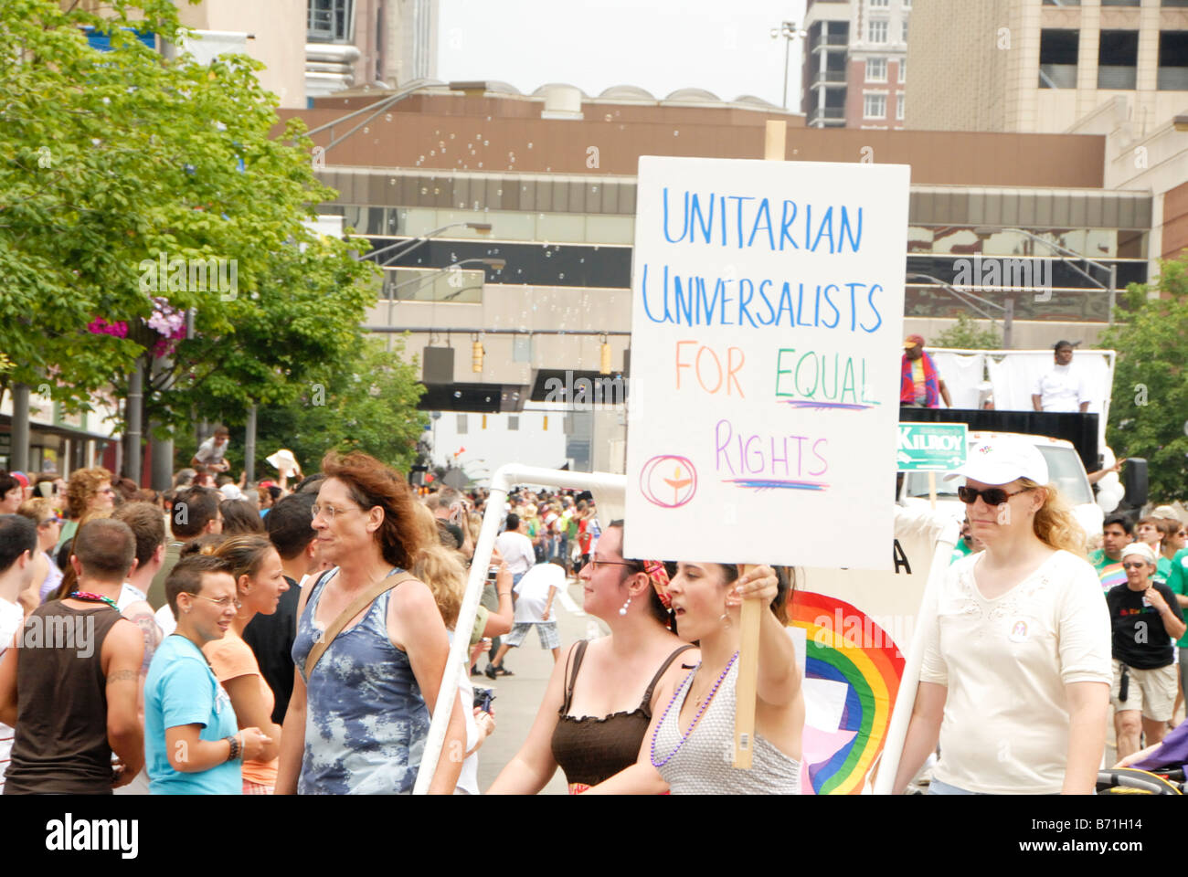 Unitarian Universalist for equal rights marching in Gay Pride Parade Columbus Ohio 2008 Stock Photo