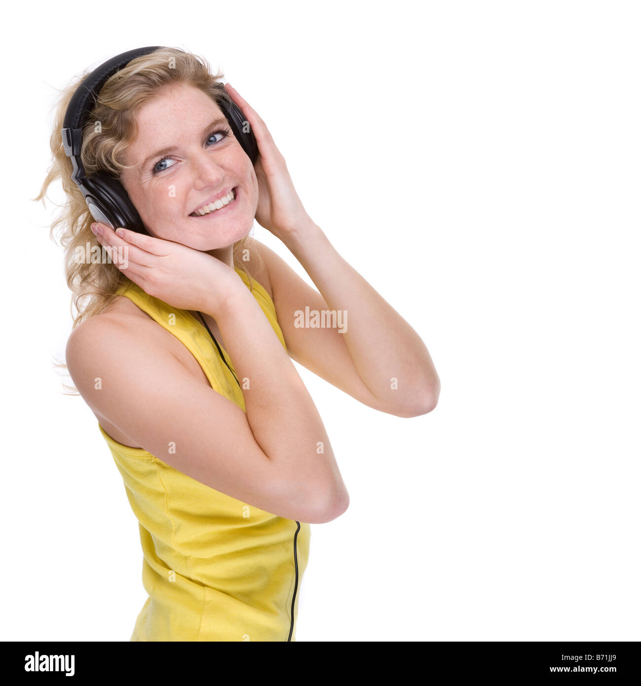 Full isolated portrait of a beautiful caucasian woman listen to the music Stock Photo