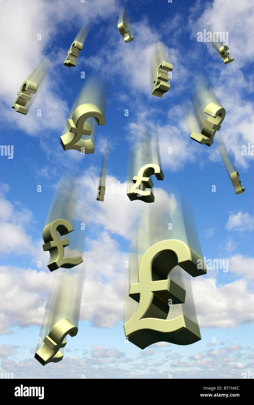 Falling money GBP currency pound sterling symbols against a blue sky - digital composite Stock Photo