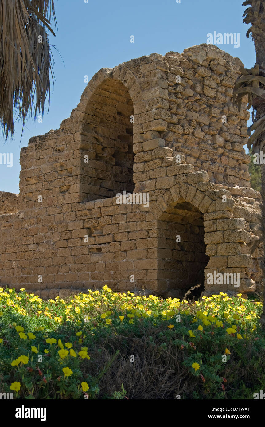 Ruins of crusader citadel wall with two embrasures,Caesarea, National Park, Israel Stock Photo