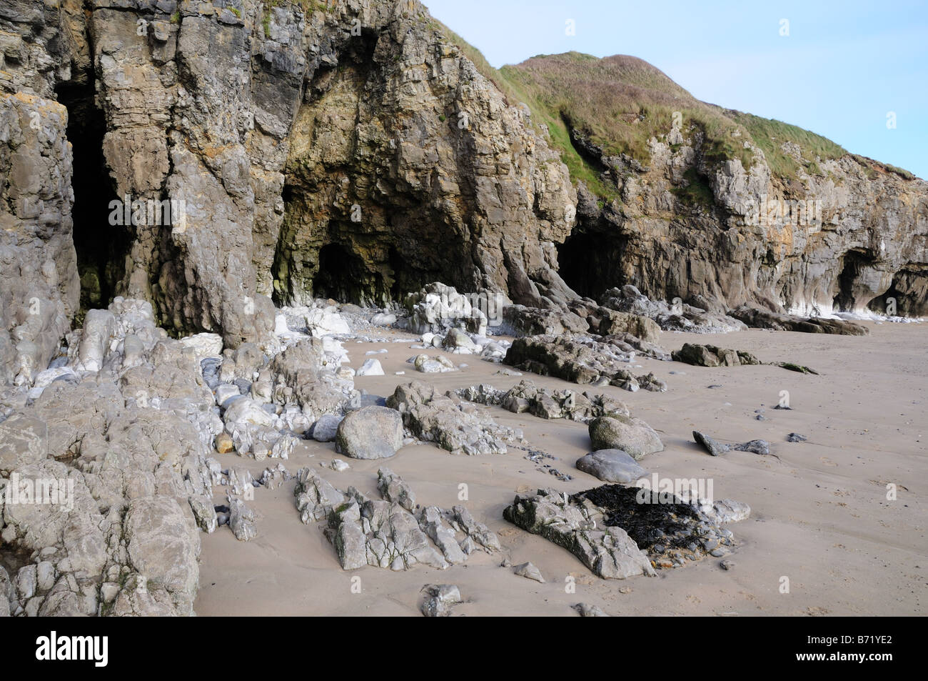 Rock formations on Pendine Sands Carmarthenshire Wales Stock Photo - Alamy