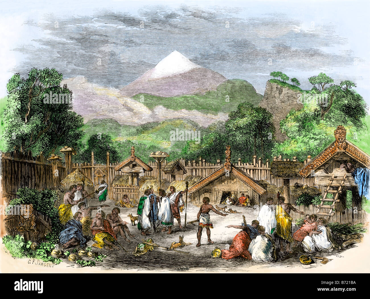 Maori fortified village or pah in Taranaki New Zealand mid1800s. Hand