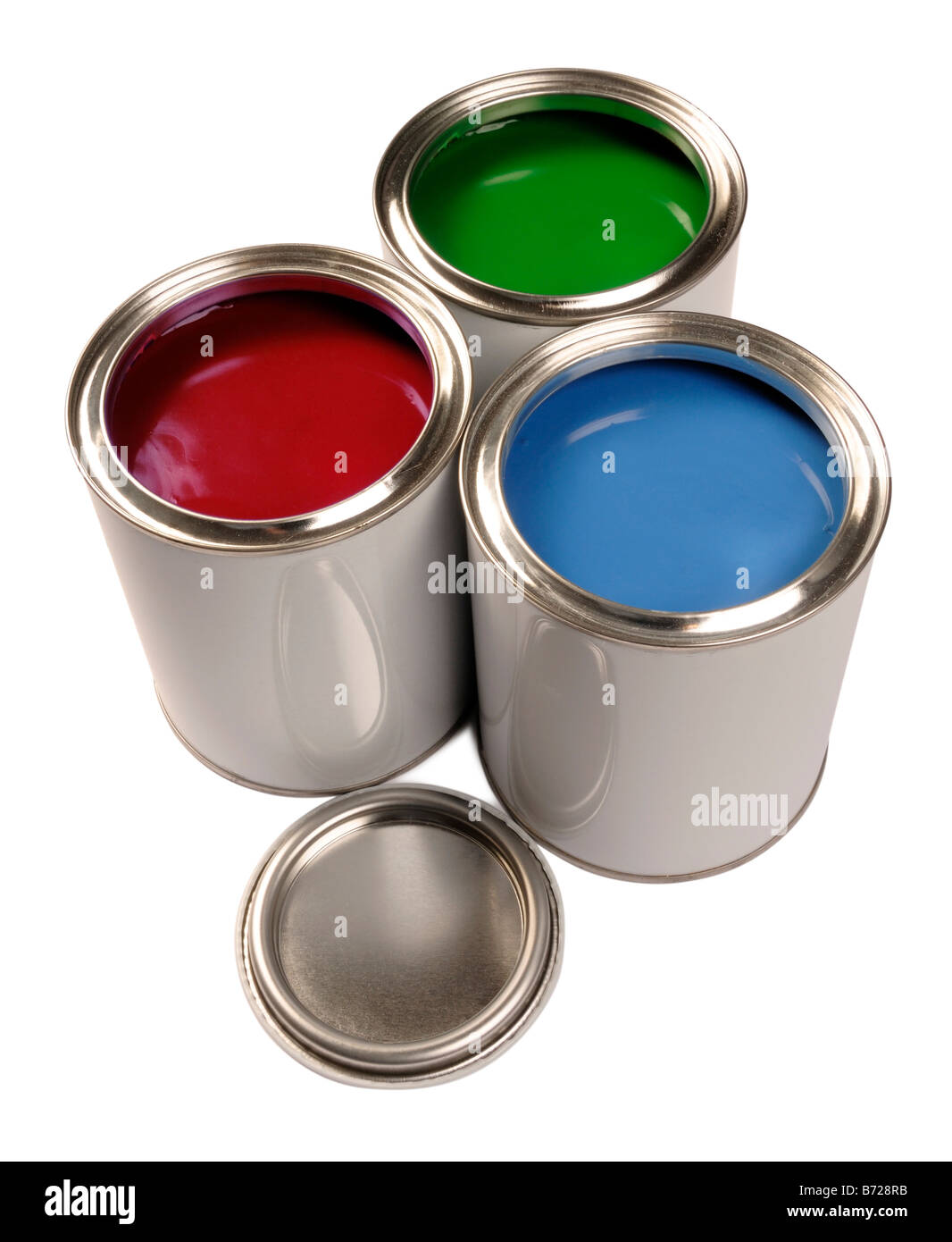 Red Green Blue paint tins Stock Photo